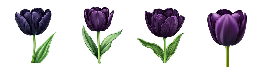 Canvas Print - Collection of four isolated black and purple tulips with green leaves on transparent background, ideal for spring or Easter designs