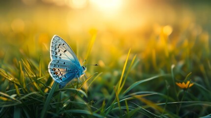 blue butterfly perched on grass at daytime