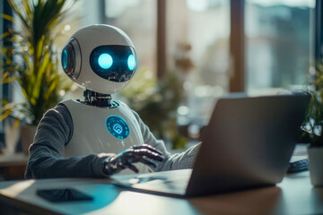 Robot working on a laptop in a modern office, symbolizing artificial intelligence, technology, automation, and the future of work