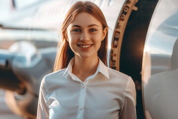 Aufkleber - A cheerful flight attendant poses confidently by an airplane, showcasing her warm personality and dedication to service. Generative AI