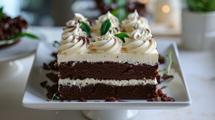 Wall Mural - brown and white cake with white cream and green leaves on top