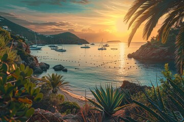 A serene coastal sunset over calm waters. Tropical plants frame the scene beautifully. It captures a moment of peace and natural beauty. Generative AI