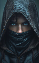 A man with a hood over his head and a scarf around his neck. The hood is pulled up over his face, and he has a blue eye. The image has a mysterious and ominous mood