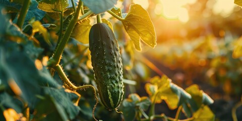 Canvas Print - Ripe organic cucumber hanging on the vine awaiting harvest