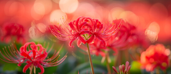 Wall Mural - A close up of a red flower with a blurry background. The flower is surrounded by other red flowers, creating a vibrant and colorful scene. The blurry background adds a sense of depth