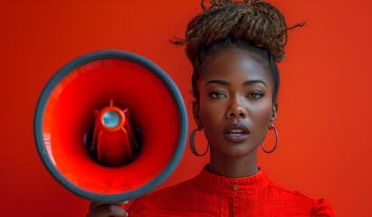 Wall Mural - A woman is holding a microphone and wearing a red dress. The red background and the microphone create a bold and powerful atmosphere