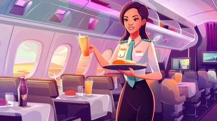 Aufkleber - A flight attendant serves food and beverages to passengers on a plane as the sun sets outside the window. Generative AI