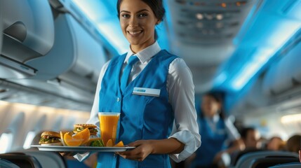 Aufkleber - A flight attendant offers a tray of food and beverages while engaging with passengers seated in the airplane cabin. Generative AI