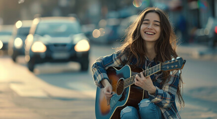 Poster - A young woman is playing the guitar on an urban street, smiling and looking happy as she strums the strings