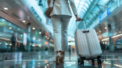 Aufkleber - A flight attendant strolls through a bustling airport terminal, pulling a suitcase and dressed in a sleek, professional outfit, ready for travel. Generative AI