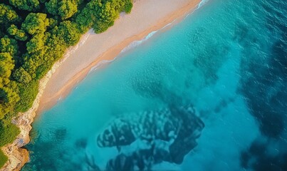 Canvas Print - Aerial view of a serene beach with turquoise waters and lush greenery in daylight