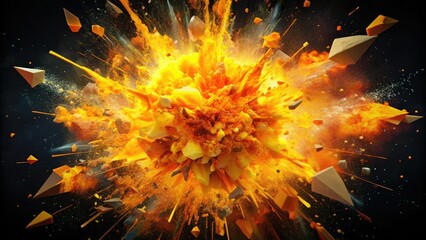 Vibrant orange and yellow explosion isolated on a black background, with shattered fragments and debris radiating outward in a dynamic, high-energy blast pattern.