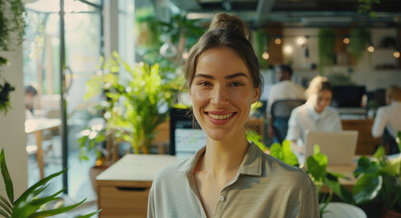 A happy young woman is smiling at the camera while standing in front of a team working on computers and appearing pleased to work together.