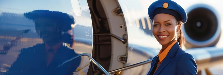 Aufkleber - A flight attendant stands by the entrance of a private jet, smiling warmly as passengers prepare to board. Generative AI