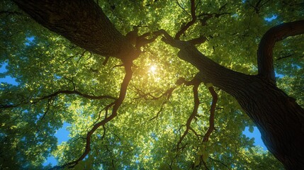 Wall Mural - Lush green treetops stretching towards a clear blue sky in the afternoon sunlight