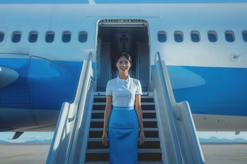 Aufkleber - A friendly flight attendant stands on the steps of a plane, ready to greet passengers as they board for their journey. Generative AI