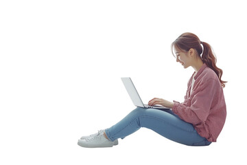 happy young woman with casual clothes sitting working on laptop isolated on transparent background