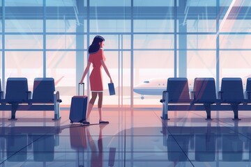 Aufkleber - A flight attendant stands with her suitcase near the gate, looking out at the aircraft with anticipation before boarding passengers. Generative AI