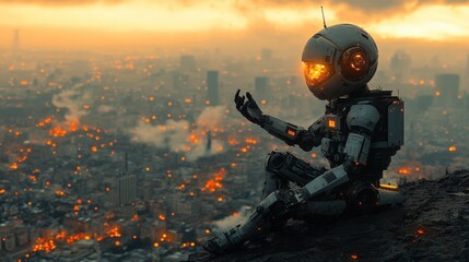 Wall Mural - Robot on a Hilltop Overlooking a City at Dusk