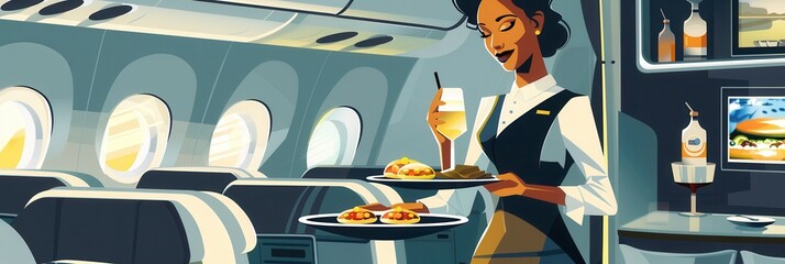 Aufkleber - A flight attendant gracefully serves meals and drinks to passengers on a commercial flight, showcasing attentive service in a comfortable cabin. Generative AI