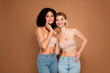 © Beauty Hero - Photo of pretty attractive ladies underwear top hugging enjoying all beautiful bodies isolated beige color background
