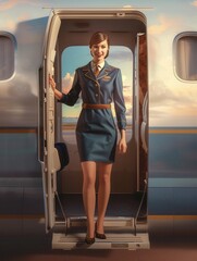 Aufkleber - A flight attendant stands at the open door of a private jet, smiling warmly as passengers prepare to board during sunset. Generative AI