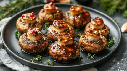 Wall Mural - Grilled portobello mushrooms garnished with herbs on a rustic plate