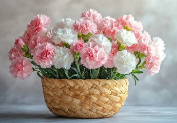 Sticker - Fresh pink and white carnations in a woven basket on a sunlit windowsill