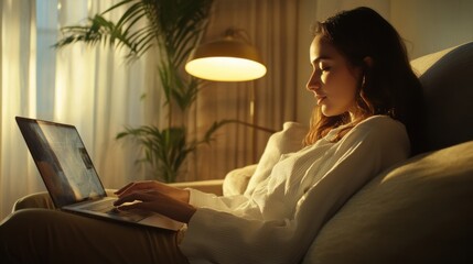 Wall Mural - A woman sitting on a couch with her laptop open, AI