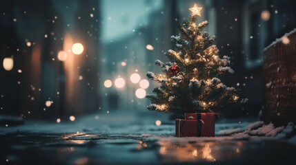 Poster - A small christmas tree is sitting in a box on the ground, AI