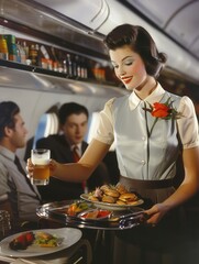 Aufkleber - A friendly flight attendant offers food and beverages to passengers in a stylish vintage airplane cabin during a bustling flight. Generative AI