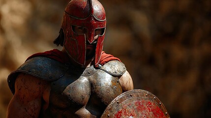 Ultra-realistic Spartan warrior, holding shield and spear, cinematic light, daylight.