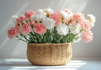 Canvas Print - Fresh pink and white carnations in a woven basket on a sunlit windowsill