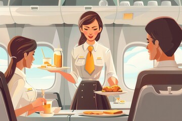 Aufkleber - A flight attendant cheerfully serves a delicious meal to two passengers enjoying their in-flight dining experience. Generative AI