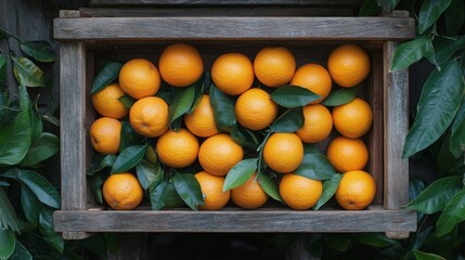 Wall Mural - Freshly harvested oranges in a wooden crate surrounded by green leaves