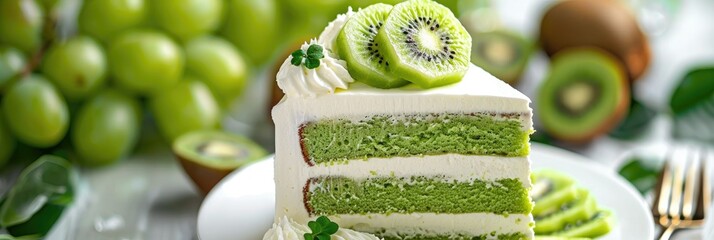 Wall Mural - Kiwi-flavored cake slice topped with buttercream and fresh kiwi pieces.