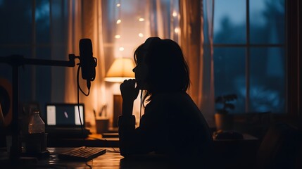 Wall Mural - A person sitting at a desk in silhouette speaking into a microphone with the word Podcast shining through the window behind them  AI generated illustration