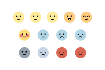 Wall Mural - Happy, sad, angry, tired emoji face emoticon set. Round emoji with different mood. Feeling, emotion, facial expression concept. Flat cartoon character vector design isolated illustration.