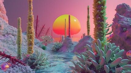 Wall Mural - A psychedelic 3D landscape with strange vegetation AI generated illustration