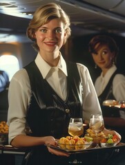 Aufkleber - A flight attendant smiles while serving drinks and snacks to passengers during a flight. Generative AI