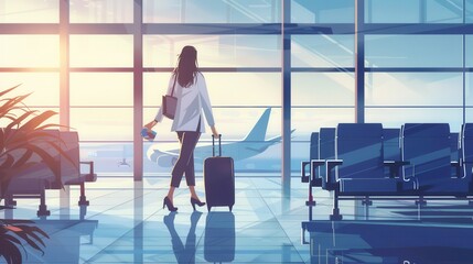 Aufkleber - A flight attendant strides through the airport terminal with luggage as the sun sets, blending travel and professionalism. Generative AI