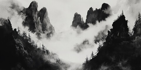 Wall Mural - watercolor depiction of a striking black and white landscape