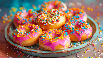 Several colorful donuts with pink glaze and bright sprinkles on a beautiful plate, decorated with confectionery beads