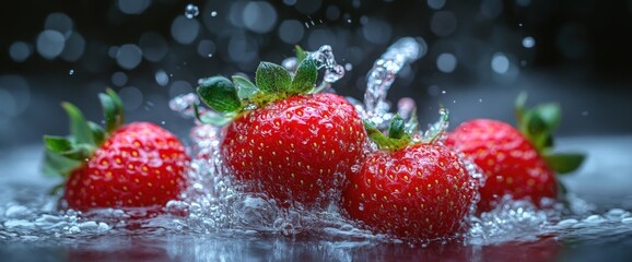 Wall Mural - Water Splashing on Fresh Strawberries