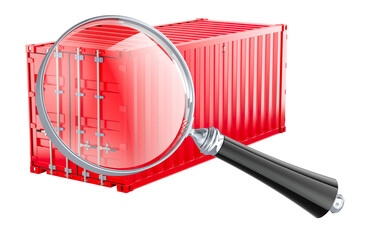 Canvas Print - Cargo container with magnifying glass, loupe. 3D rendering isolated on transparent background