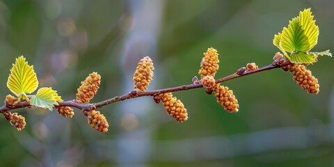 Wall Mural - Alder Branch with Fruits and New Buds during Autumn Season Common Alder Showing Early Development of Catkins Shallow Depth of Field