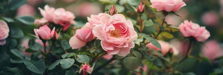 Wall Mural - Pink Prairie Joy rose shrub in full summer bloom