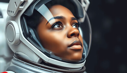 A young brave beautiful African American female astronaut wearing a space helmet looks out into infinite space. She is exploring outer space in a spacesuit. Science and Technology VFX Concept