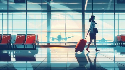 Aufkleber - A flight attendant strolls through the airport terminal, dragging a suitcase as the sun sets behind her, preparing for her next flight. Generative AI