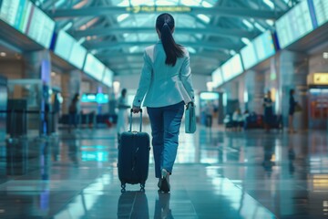Aufkleber - A flight attendant is walking through the airport terminal, pulling a suitcase, and carrying documents while heading towards her flight duties. Generative AI